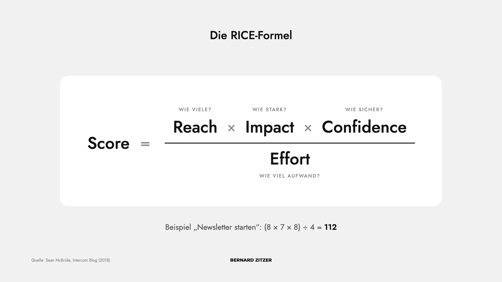 RICE-Formel: Score gleich Reach mal Impact mal Confidence, geteilt durch Effort